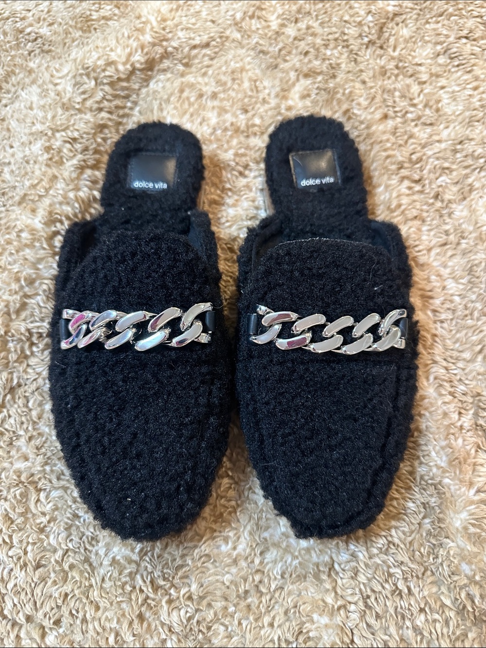 Dolce Vita Black Fuzzy Chain-Trim Slip-On Mules